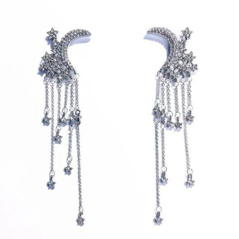 BOHO Fairytale Moon Stars Lust Falls Crystals Tassels Chandelier Long Earrings